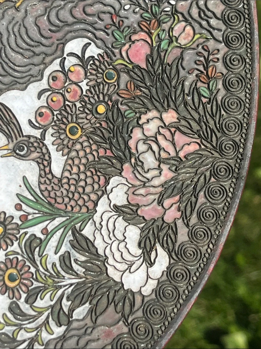 Metal scroll work Cloisonne plate bird and floral Design